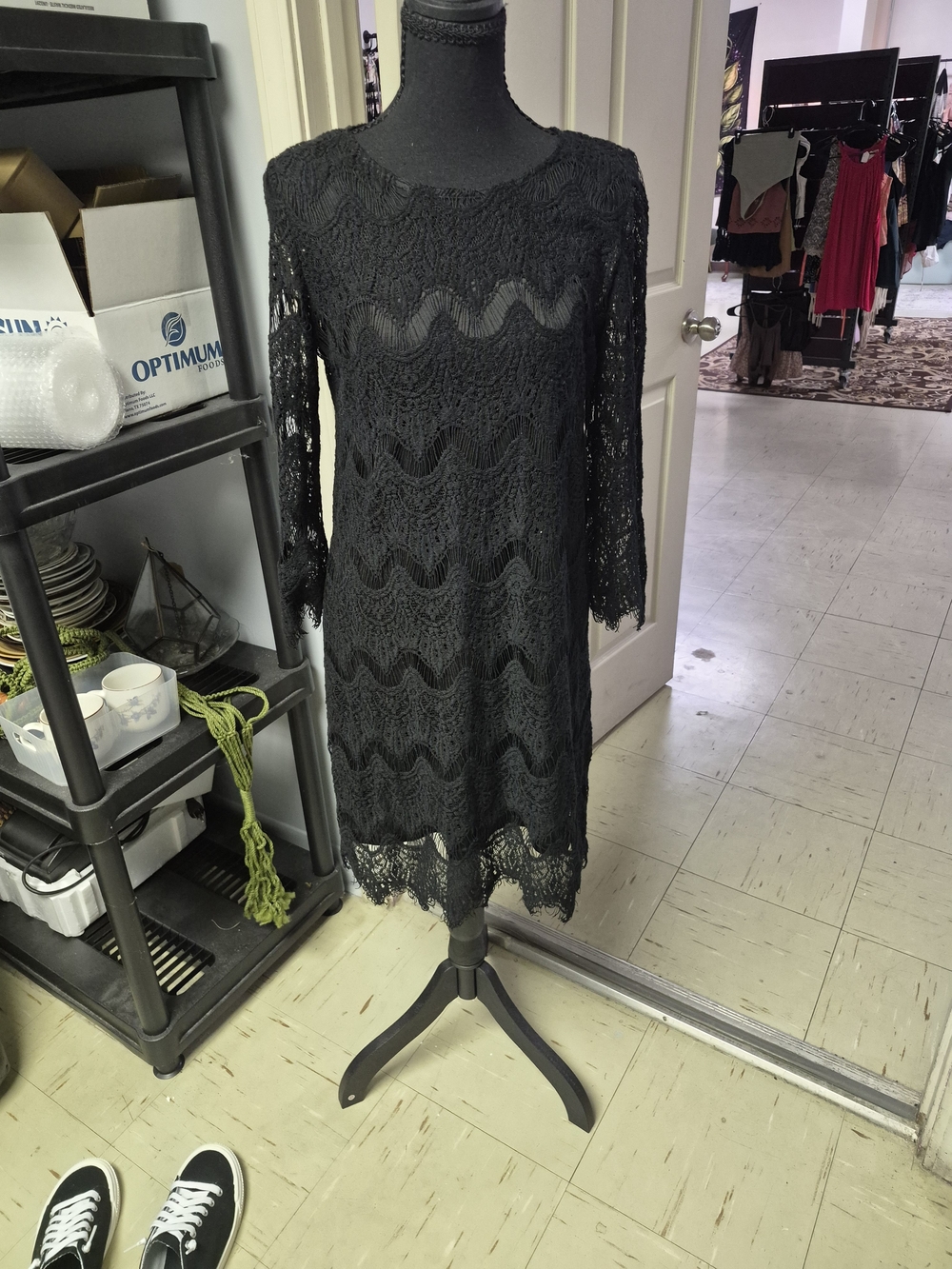 Potter's Pot Black Lace Long-Sleeve Crochet Shift Dress